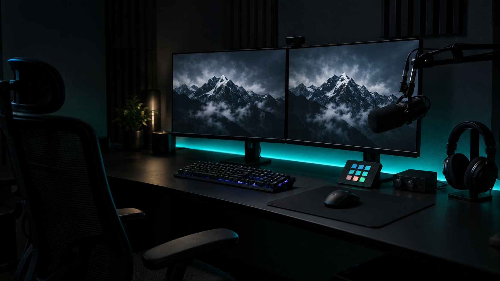 A dark streamer desk with dual monitors, a broadcast mic, and teal underglow